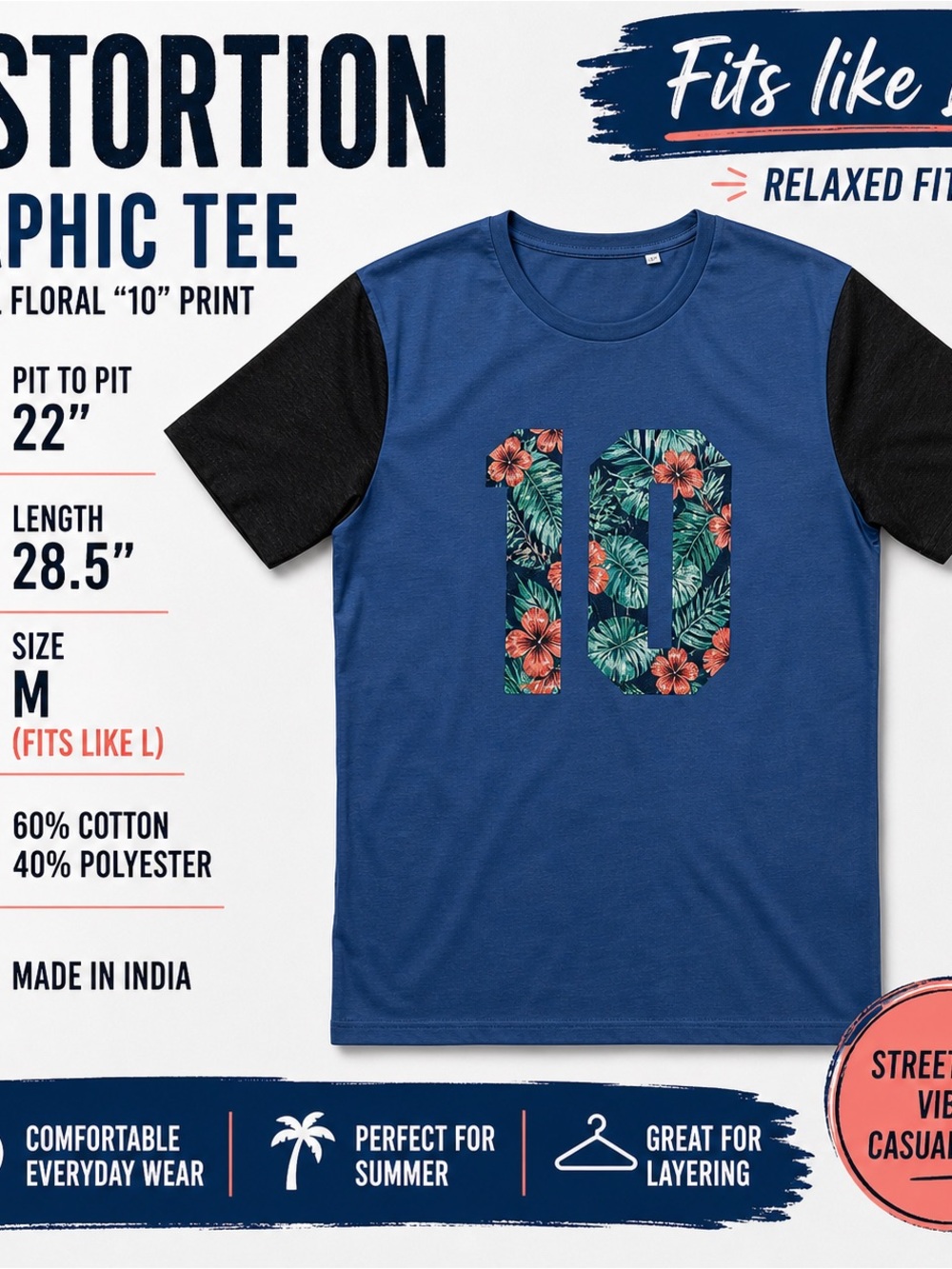 Distortion Blue Graphic T-Shirt Floral “10” Print Colorblock Tee Size L